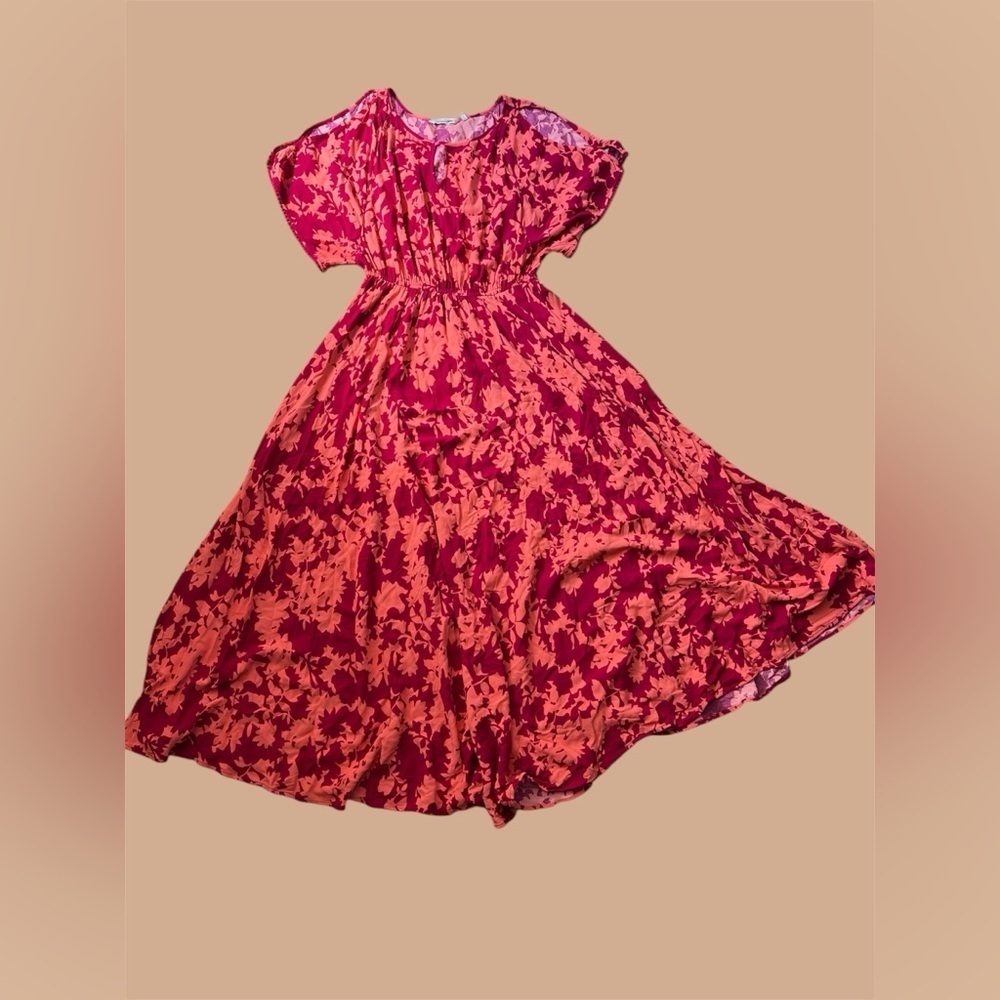 Soft Surroundings Marcella Maxi Boho Coral Red and Pink Floral Swing Dress, S